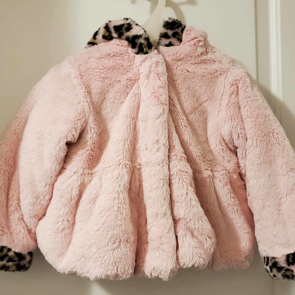 Rothschild pink faux fur coat with hood, size 18 months